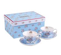 London Boutique Lot de 2 Tasses à café et soucoupes Vintage Flower Flora Rose Lavande Coffret Cadeau (Bleu Lot 2)