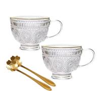 Lot de 2 tasses à café vintage en verre transparent avec poignée, tasses à café gaufrées, 414 ml avec cuillère, parfaites pour expresso, latte (sun flower+gold rim, 2pcs)
