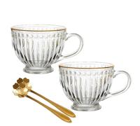 Lot de 2 tasses à café vintage en verre transparent avec poignée, tasses à café gaufrées, 414 ml avec cuillère, parfaites pour expresso, latte (ribbed+gold rim, 2pcs)