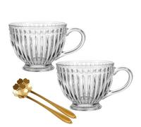 Lot de 2 tasses à café vintage en verre transparent avec poignée, tasses à café gaufrées, 414 ml avec cuillère, parfaites pour expresso, latte (ribbed, 2pcs)