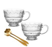 Lot de 2 tasses à café vintage en verre transparent avec poignée, tasses à café gaufrées, 414 ml avec cuillère, parfaites pour expresso, latte (floral, 2pcs)