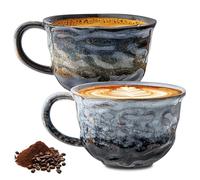 Lot de 2 tasses à cappuccino en faïence, 260 ml, faites à la main, en porcelaine, design créatif, idéales comme cadeau, pour le bureau et la maison, gris marbré + motif étoilé