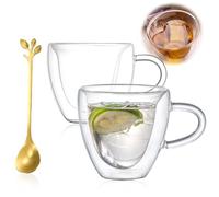 Lot de 2 tasses à expresso en verre à double paroi - 180 ml - Verres à thé avec anse et cuillère - Tasses à expresso en forme de cœur - Cadeau pour femme, fête des mères, anniversaire, mariage