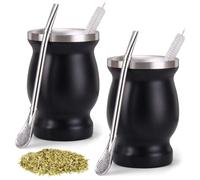 Lot de 2 tasses à maté : tasses à maté à double paroi en acier inoxydable avec cuillère à paille et brosse de nettoyage Isolation thermique pour maté, thé, café, lait et jus (noir)
