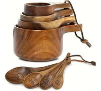 Lot de 2 tasses à mesurer et cuillères à café en bois d'acacia et de hêtre, 8 pièces, gadget de cuisine rustique, mesures gravées et attache en cuir, cuisine de ferme