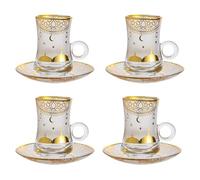 Lot de 2 tasses à thé turques et soucoupes, tasses à café expresso avec motif en relief doré, ensemble de tasses à thé, tasse en verre de 120 ml avec poignée (gold A, 4pcs)