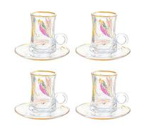Lot de 2 tasses à thé turques et soucoupes, tasses à café expresso avec motif en relief doré, ensemble de tasses à thé, tasse en verre de 120 ml avec poignée (bird, 4pcs)