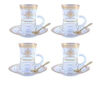 Lot de 2 tasses à thé turques et soucoupes, tasses à café expresso avec motif en relief doré, ensemble de tasses à thé, tasse en verre de 120 ml avec poignée (gold D, 4pcs)