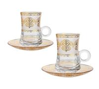 Lot de 2 tasses à thé turques et soucoupes, tasses à café expresso avec motif en relief doré, ensemble de tasses à thé, tasse en verre de 120 ml avec poignée (gold B, 2pcs)