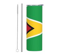 Lot de 2 tasses en acier inoxydable avec paille - 591 ml - Imprimé drapeau de la Guyane - Bouteille d'eau isotherme portable pour boissons chaudes et froides