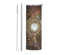Lot de 2 tasses en acier inoxydable avec paille - 591 ml - Motif horloge steampunk - Bouteille isotherme portable pour boissons chaudes et froides