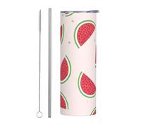 Lot de 2 tasses en acier inoxydable avec paille - Bouteille d'eau isotherme - 591 ml - Motif pastèque rose - Tasse isotherme portable pour boissons chaudes et froides