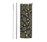 Lot de 2 tasses en acier inoxydable avec paille - Bouteille d'eau isotherme avec poignée et couvercle, 591 ml, motif de raquettes de tennis et de balles de tennis