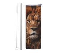 Lot de 2 tasses en acier inoxydable avec paille - Bouteille d'eau isotherme portable pour boissons chaudes et froides - 591 ml - Imprimé The Lion's Gaze