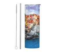 Lot de 2 tasses en acier inoxydable avec paille de 591 ml - Gobelet isotherme avec imprimé paysage de Cinque Terre, parfait pour café, bureau, voiture, sport, extérieur