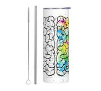 Lot de 2 tasses en acier inoxydable avec paille - Image géométrique du cerveau avec impression scientifique - Bouteille d'eau isotherme portable, gobelet isotherme pour l'extérieur