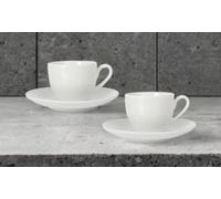 Lot de 2 tasses en porcelaine avec assiettes - Pour café, expresso, cappuccino | Set de 2 tasses et 2 assiettes avec décoration géométrique discrète assortie - Design classique | Céramique blanche - 2