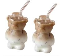Lot de 2 tasses en verre à la mode mignon dessin animé avec paille multifonction pour jus de lait médias sociaux populaire pratique esthétique boire