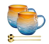 Lot de 2 tasses en verre de mer, 355 ml, fabriquées à la main sur le thème de la plage avec cuillère pour thé, café