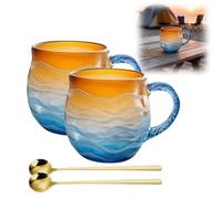 Lot de 2 tasses en verre de mer fabriquées à la main avec motif vagues de l'océan soufflées à la main, pour thé, vin, thé et mer, pour les amateurs de l'océan - 355 ml