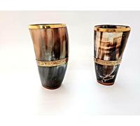 Lot de 2 tasses en verre en forme de corne décorée avec bande en laiton en relief incrustée de verre pour bière, vin, hydromel Capacité 300 ml