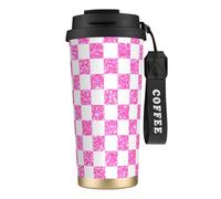 Lot de 2 tasses isothermes à motif damier rose et blanc pailleté, 48 cl, en acier inoxydable, avec couvercle anti-fuite, pour boissons chaudes et froides