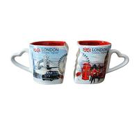 Lot de 2 tasses souvenir de Londres en céramique avec monuments emblématiques du Royaume-Uni et poignées en forme de cœur - Cadeau de voyage en Angleterre, tasses à thé avec Tower Bridge, Big Ben