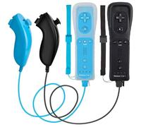 Lot de 2 télécommandes Nunchuck Wii avec Motion Plus compatibles avec la console Wii & Wii U | Télécommande Wii avec fonction choc (noir + bleu)