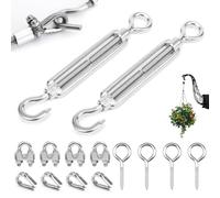Lot de 2 tendeurs de câble en acier inoxydable M6, avec crochet et 4 cosses de câble métallique, 4 serre-câbles, 4 vis à œillets pour corde, voile d'ombrage, système de câble, câble de jardin, tendeur