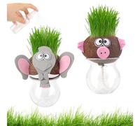 Lot de 2 têtes d'herbe pour enfants - Tête d'herbe - Pour enfants - Mini tête de bonsaï - Tête de fleur - Tête d'herbe - Bonsaï avec plateau - Plantes en pot pour chambre à coucher (modèle animal)