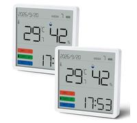 Lot de 2 thermo-hygromètres d'intérieur numériques avec horloge et | Mesure 10 s, écran compact de 8,5 cm, avec 4 piles CR2032, commutable en °C/°F et avertissement de batterie