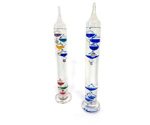Lot de 2 thermomètres de Galilée sur pied de 30 cm chacun avec sept globes flottants | Mesure des températures de 16 °C à 28 degrés | également en Fahrenheit | Station météo