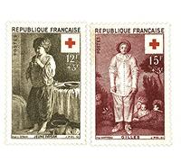 Lot de 2 Timbres de France Neufs** de Collection de 1956. N’ 1089 et 1090. Art : Le Nain, Watteau, Croix Rouge