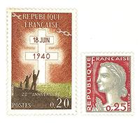 Lot de 2 Timbres de France Neufs de Collection de 1960. N’1263 et 1264. Marianne de Decaris et Appel du 18 Juin de De Gaulle