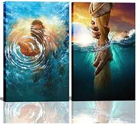 Lot de 2 toiles murales encadrées de Jésus La main de Dieu Jésus atteignant l'eau religion du Christ - Décoration murale pour salon, chambre à coucher, église