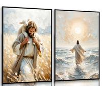 Lot de 2 toiles murales Jésus Christ sauve l'agneau perdu - Impressions de Jésus marchant sur l'eau - Peintures ouvertes vos bras et embrasse le soleil - Décoration murale pour salon, chambre à