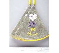 Lot de 2 Torchon Essuie Mains Bouquet de Lavande - Rond avec Attache - Gris Clair - Motifs Brodés - 100% Coton - Ø 65 cm de diamètre (Gris Clair, Lot de 2)