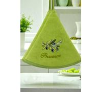 Lot de 2 Torchon Essuie Mains New Olivier - Rond avec Attache - Vert - Motifs Brodés - 100% Coton - Ø 65 cm de diamètre - Cuisine ou Salle de Bain - Lavable en Machine