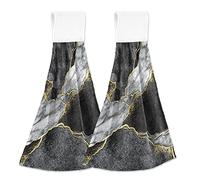 Lot de 2 torchons de cuisine à suspendre avec boucle de suspension, motif mosaïque marbrée noire et blanche avec veines dorées