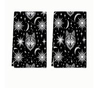 Lot de 2 torchons de cuisine en microfibre à séchage rapide Motif loup mystique bohème étoilé et lune Noir 40,6 x 61 cm