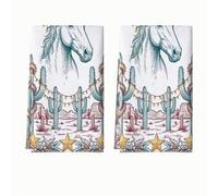 Lot de 2 torchons de cuisine Motif cheval occidental et désert 40,6 x 61 cm | Saguaro Motif cactus - Torchons à vaisselle - Paysage du désert - Style art équestre - Guirlande lumineuse festive pour les