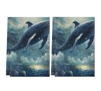 Lot de 2 torchons de cuisine peints avec dauphin, océan et nuages. Torchons à vaisselle à séchage rapide, décoratifs pour la cuisine, le nettoyage et le séchage de la maison, 72 x 45 cm (28,3 x 17,