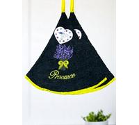 Lot de 2 Torchons Essuie Mains Bouquet de Lavande - Rond avec Attache - Motifs Brodés - 100% Coton - Ø 65 cm de diamètre - Cuisine ou Salle de Bain - Lavable en Machine (Gris Noir, Lot de 2)