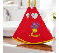 Lot de 2 Torchons Essuie Mains Bouquet de Lavande - Rond avec Attache - Rouge - Motifs Brodés - 100% Coton - Ø 65 cm de diamètre - Cuisine ou Salle de Bain - Lavable en Machine