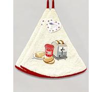 Lot de 2 Torchons Essuie Mains Petit Déjeuner - Essuie Mains Rond Eponge avec Attache - Blanc - Motifs Brodés - Torchon Cuisine Rond 100% Coton - Serviette Cuisine SDB Ø 65 cm - Lavable en Machine