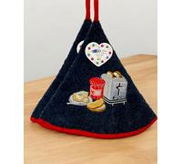 Lot de 2 Torchons Essuie Mains Petit Déjeuner - Essuie Mains Rond Eponge avec Attache - Motifs Brodés - Torchon Cuisine Rond 100% Coton - Serviette Cuisine SDB Ø 65 cm (Gris Noir, Lot de 2)