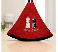 Lot de 2 Torchons Essuie Mains Sel et Poivre - Essuie Mains Cuisine Rond avec Attache - Motifs Brodés - 100% Coton - Ø 65 cm de diamètre - Lavable en Machine (Rouge, Lot de 2)