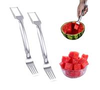 Lot de 2 trancheurs de pastèque 2 en 1, 2024, nouveau coupe-pastèque, fourchette de coupe de fruits de pastèque d'été, fourchettes à fruits en acier inoxydable, couteau trancheur for les fêtes de fami