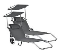 casa.pro Lot de 2 Transat avec Brise-Soleil et avec roulettes Bain de Soleil Polyester et Acier Revêtu par Poudre Gris Foncé 146 x 52 x 15 cm