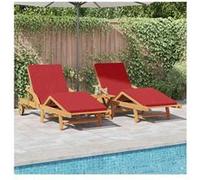 vidaXL Ensemble de chaises longues 2 pcs avec coussins et table en bois d'acacia rouge, vidaXL Chaise longue pliable avec roues et coussin en bois d'acacia rouge